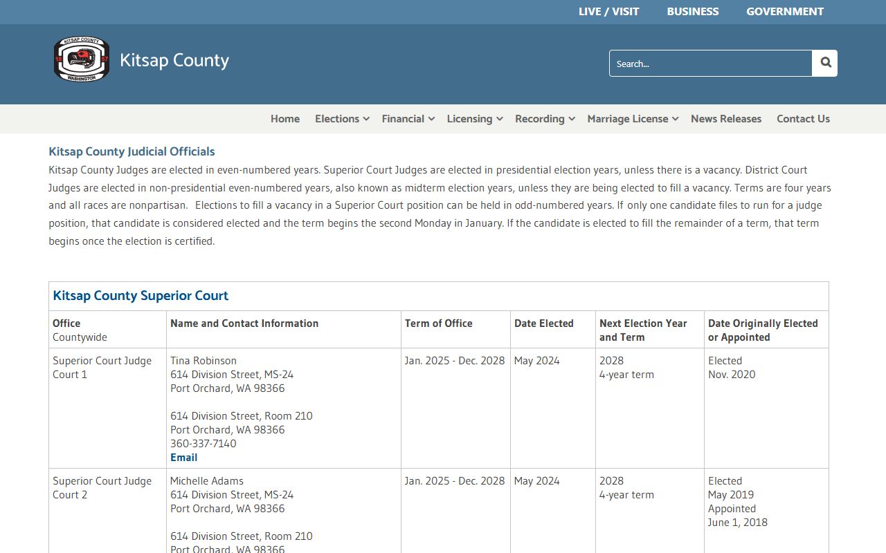 Kitsap County Auditor page listing Superior Court and District Court records and judges