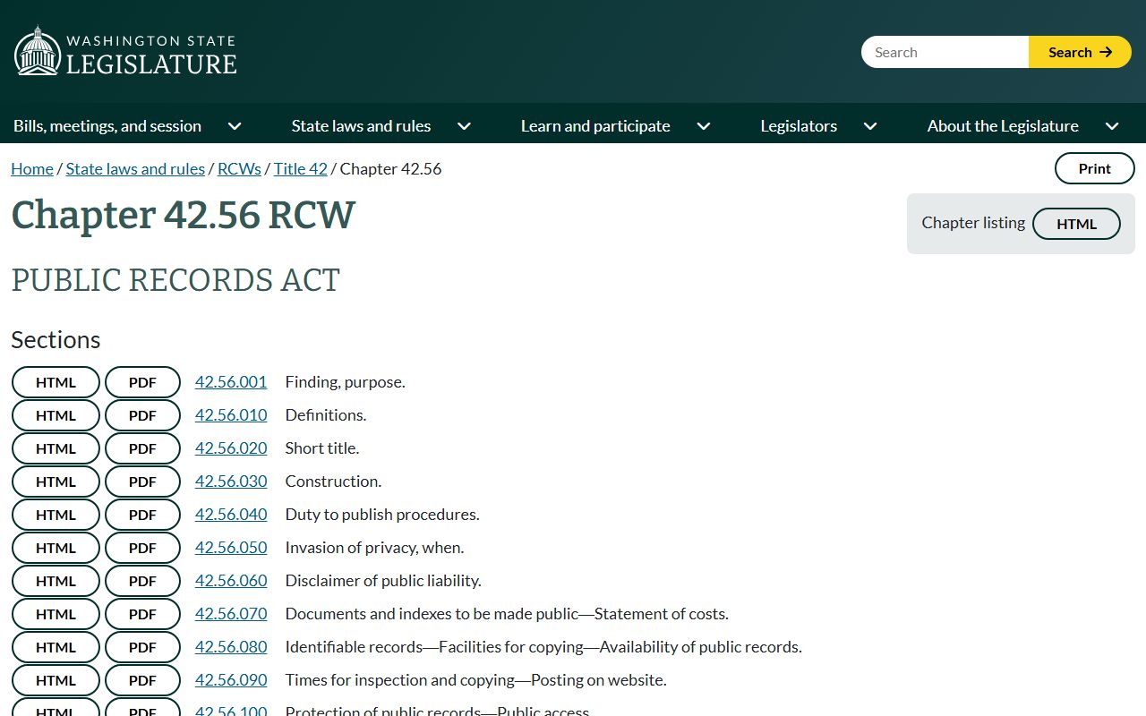 Chapter 42.56 RCW Washington Public Records Act text on the state legislature website