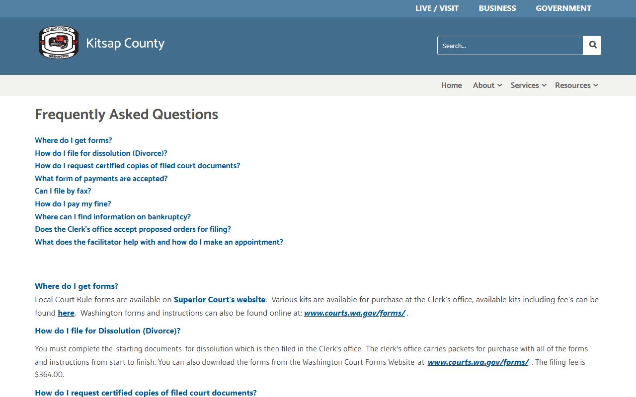 Kitsap County Clerk FAQ page with court records forms and filing information