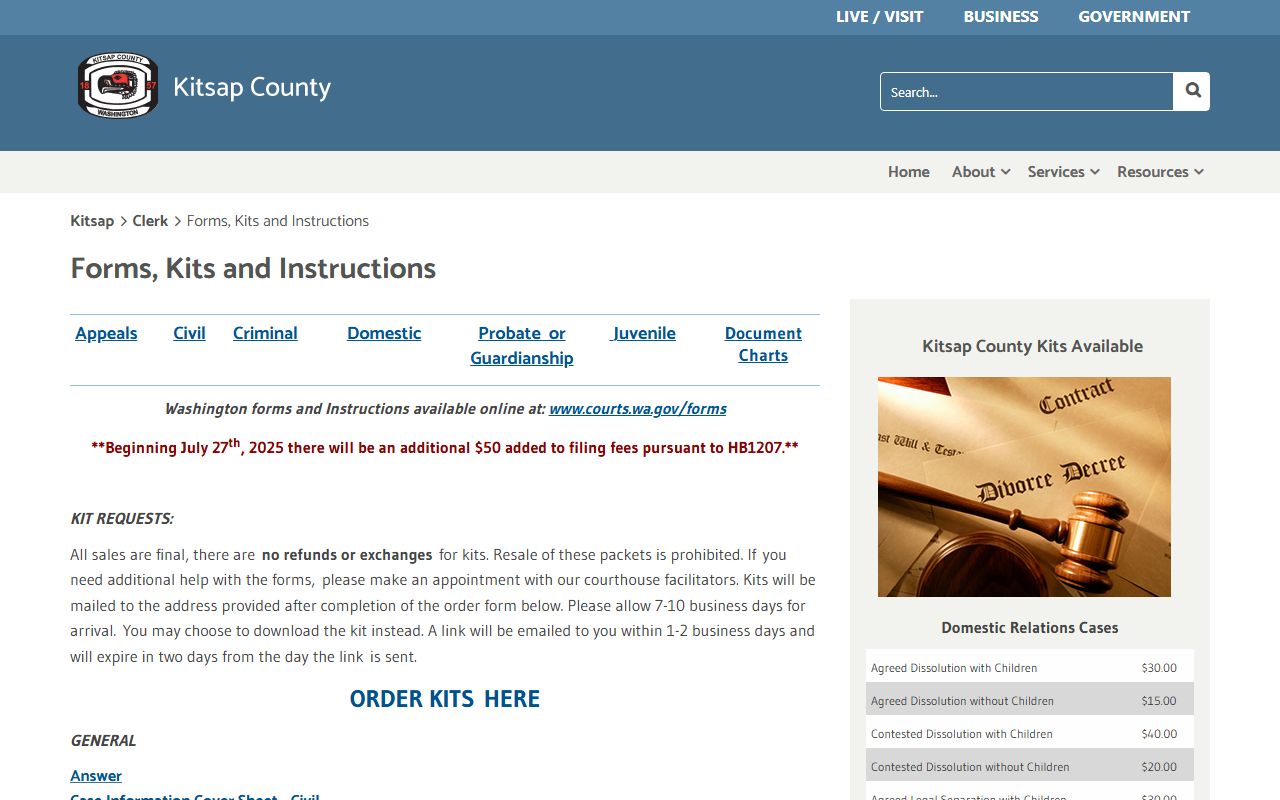 Kitsap County Clerk forms and kits page for probate and guardianship filings