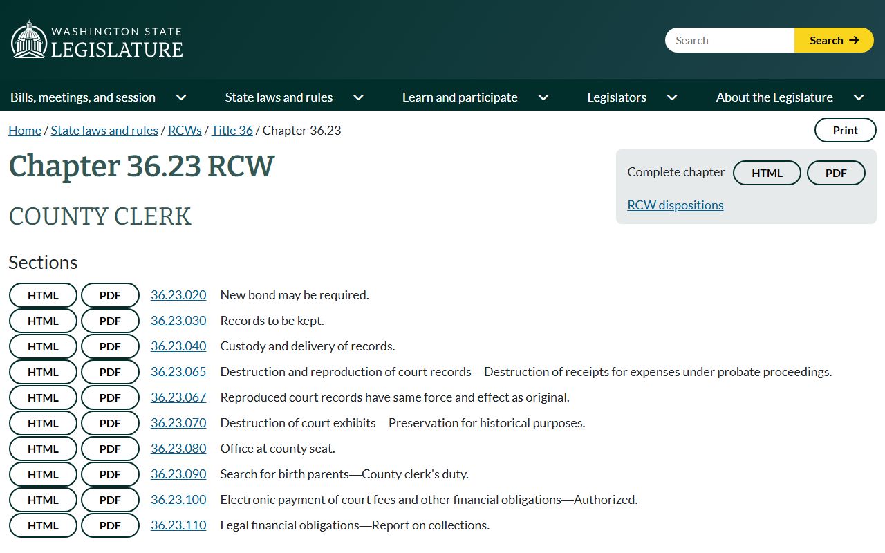 Washington State RCW 36.23 county clerk duties and legal authority page