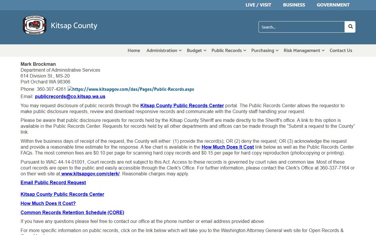 Kitsap County public records portal DAS page with five-business-day response and GovQA instructions