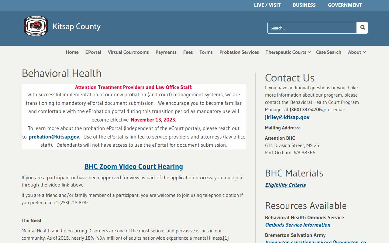 Kitsap County District Court Behavioral Health Court records and program page