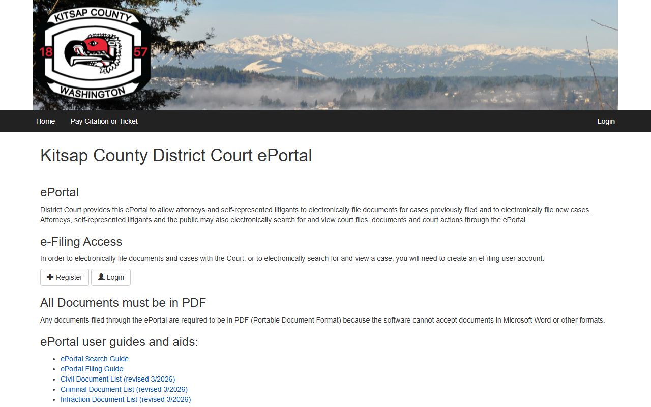 Kitsap County District Court ePortal login search and e-filing calendar docket page