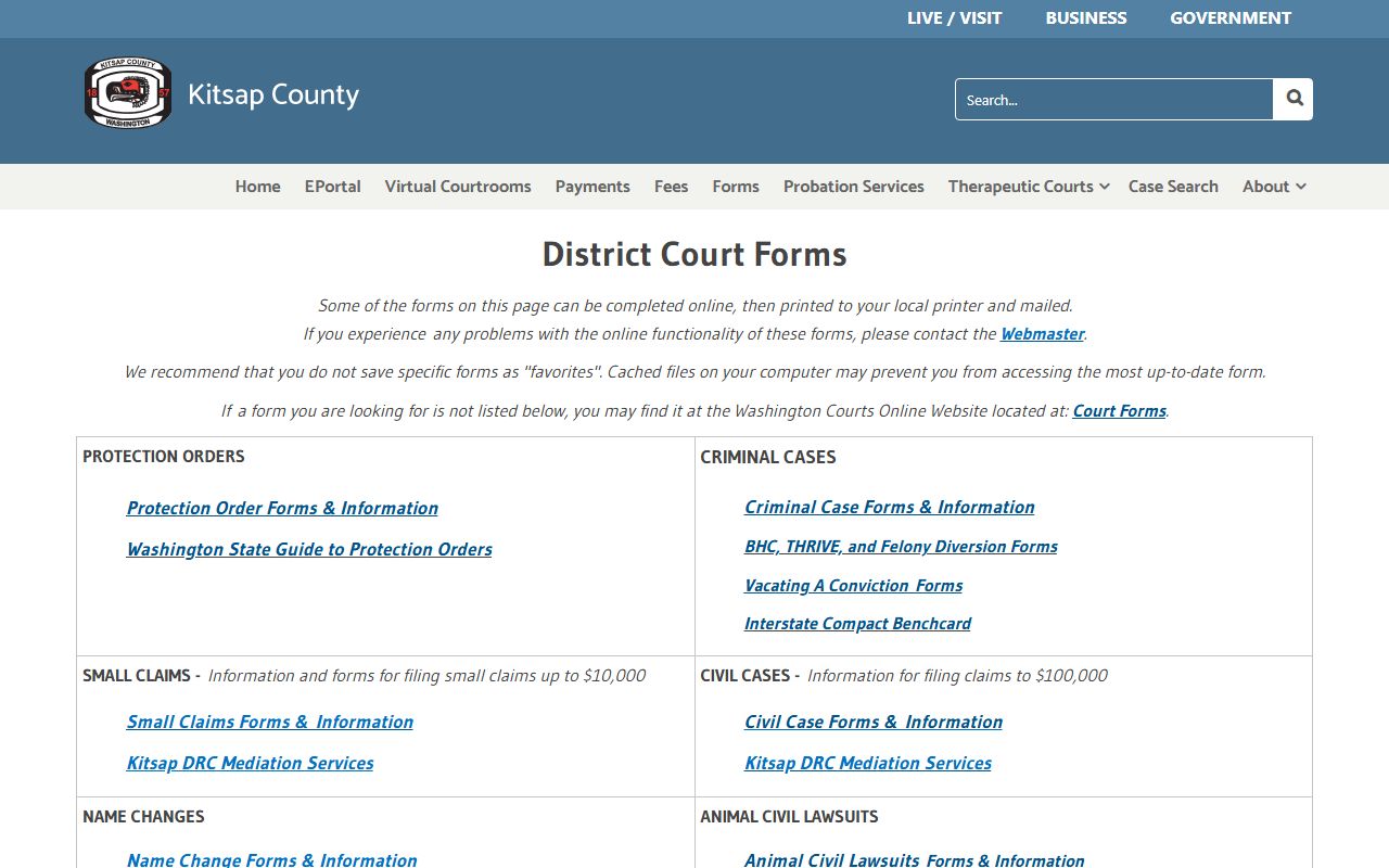Kitsap County District Court forms page traffic court records and hearing request forms