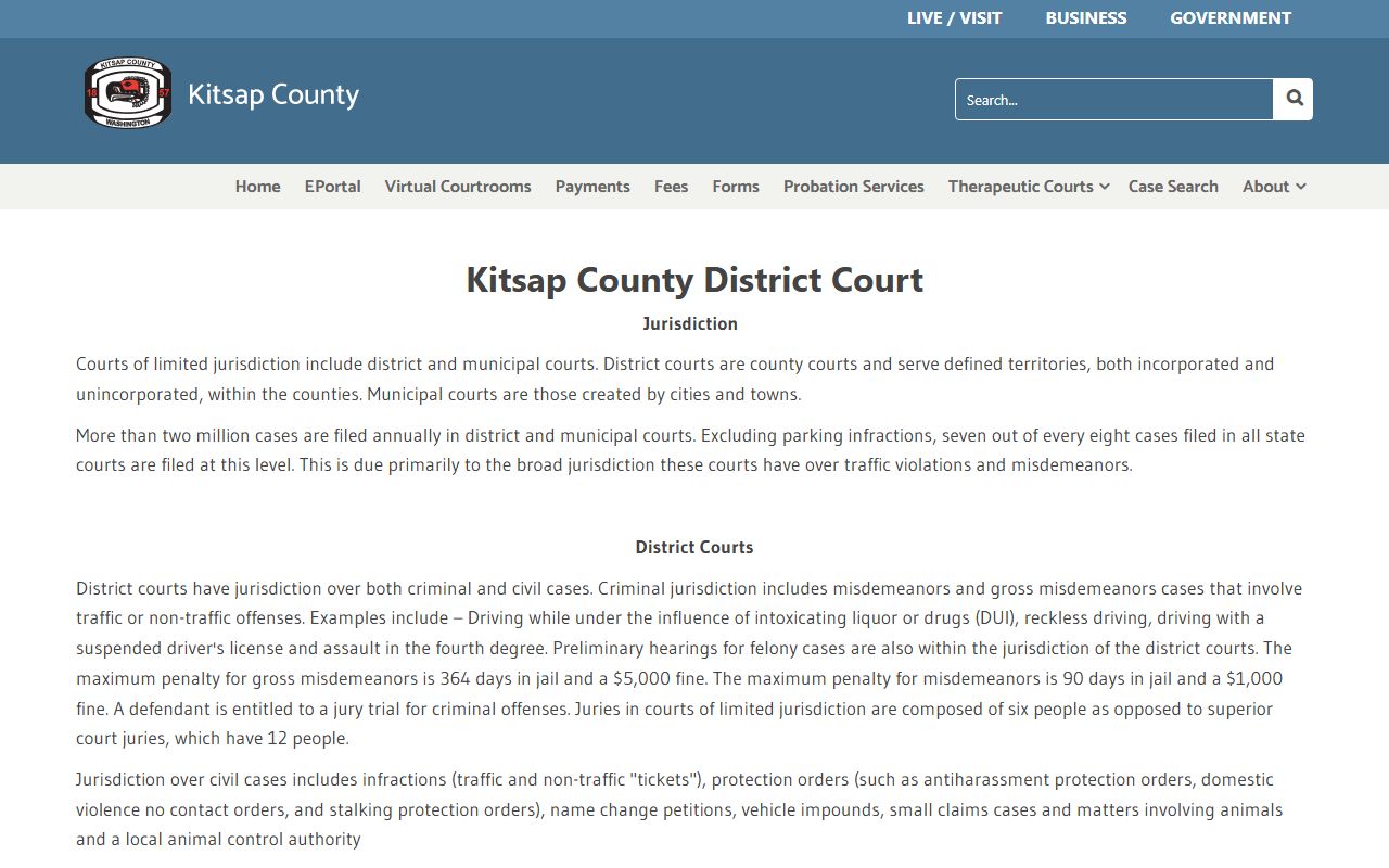 Kitsap County District Court jurisdiction and case records information page