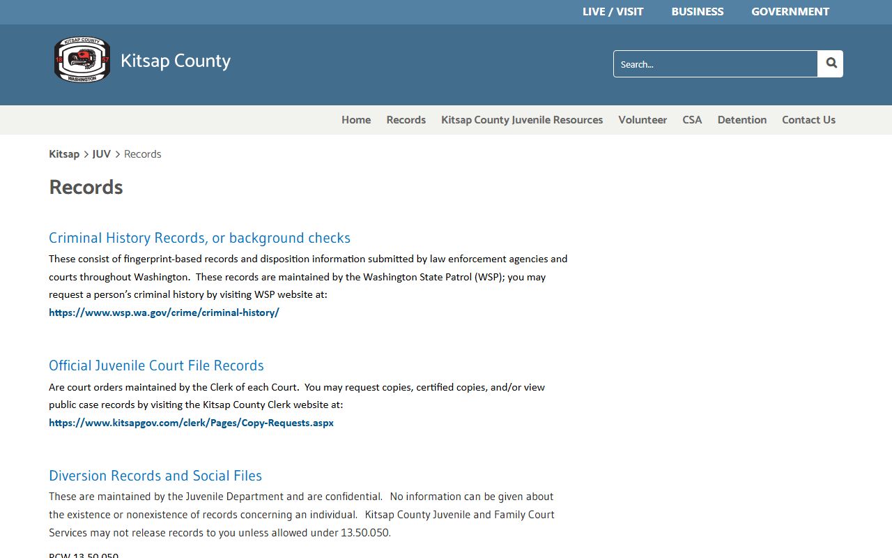 Kitsap County juvenile records and WSP criminal history records page