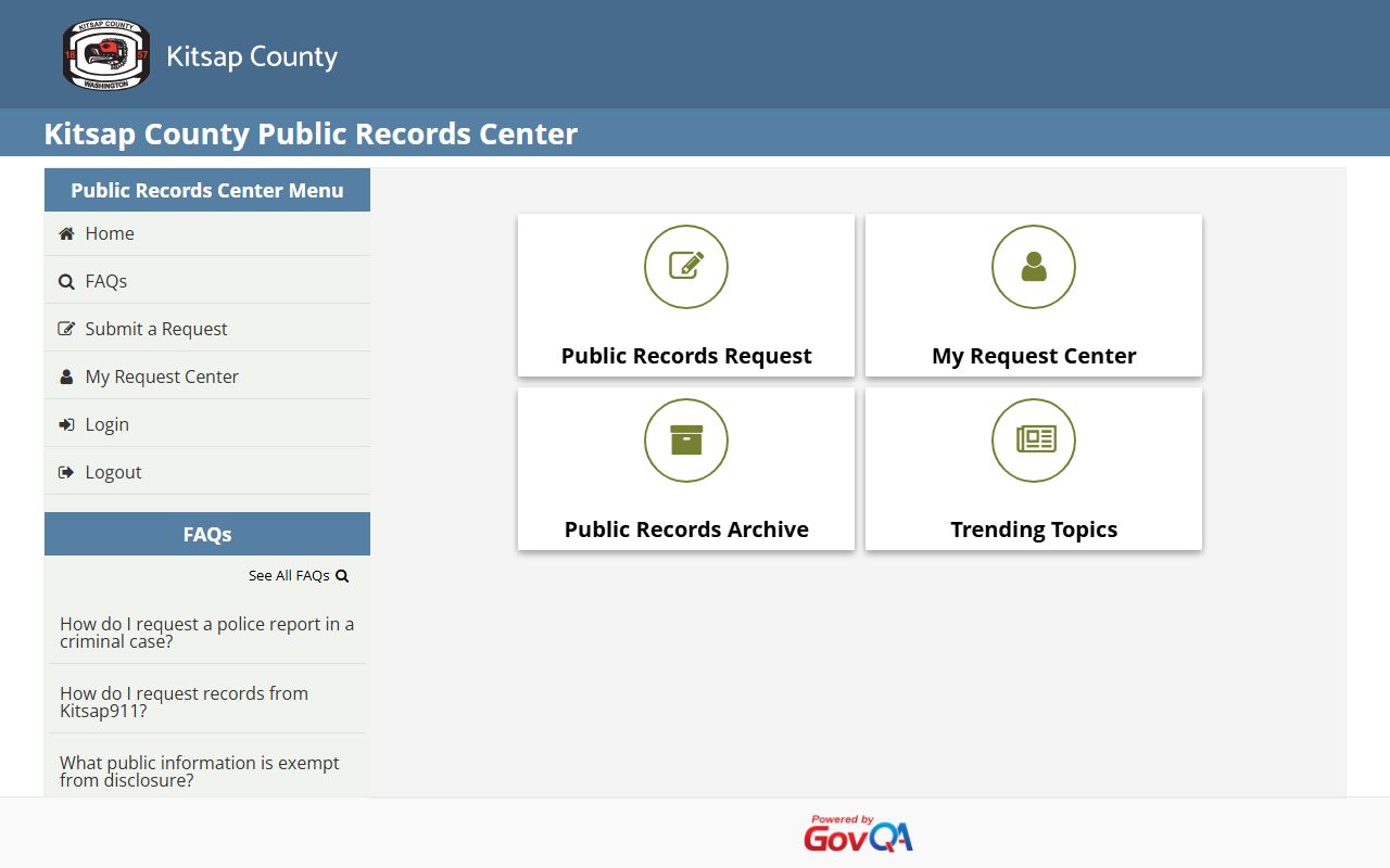 Kitsap County Public Records Center GovQA portal for submitting public records requests