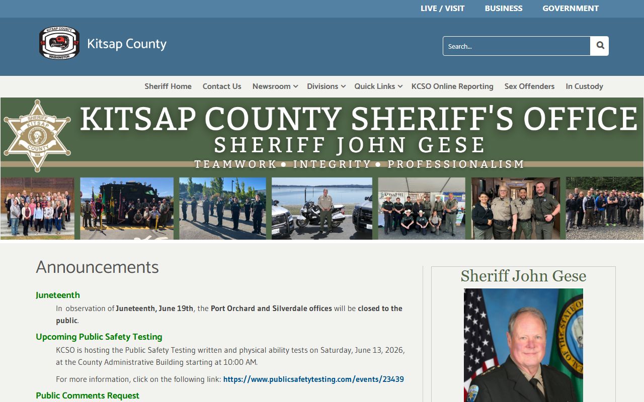Kitsap County Sheriff's Office website with jail population and inmate data resources