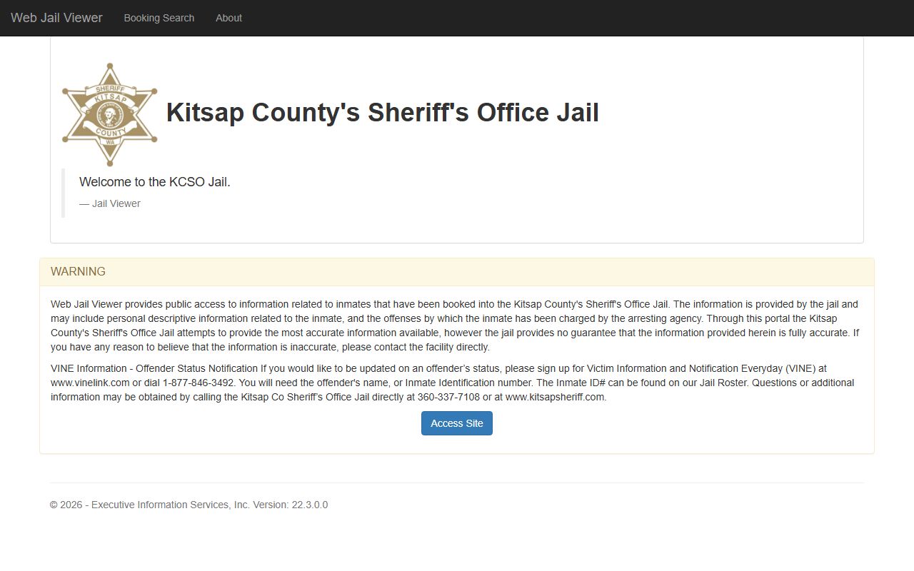 Kitsap County Sheriff's Office page with Web Jail Viewer and inmate search links