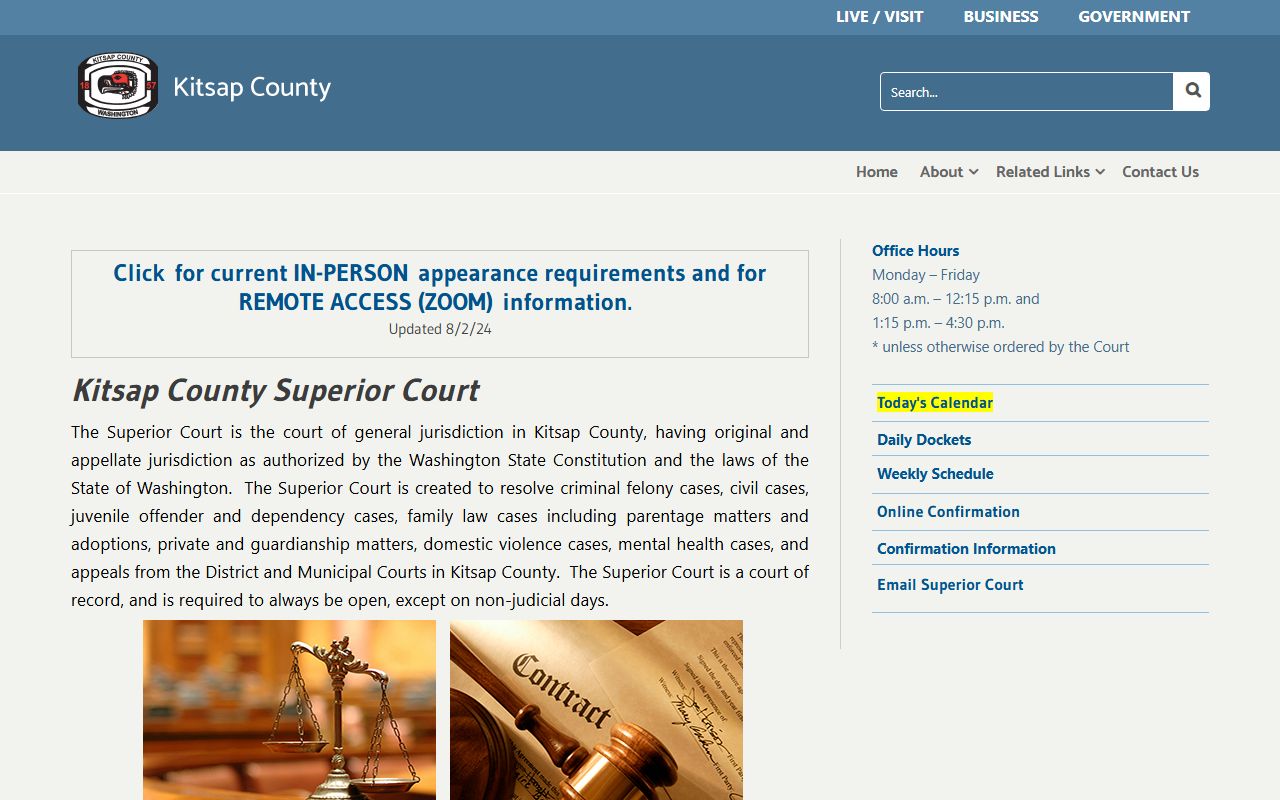 Kitsap County Superior Court homepage showing court records and case information