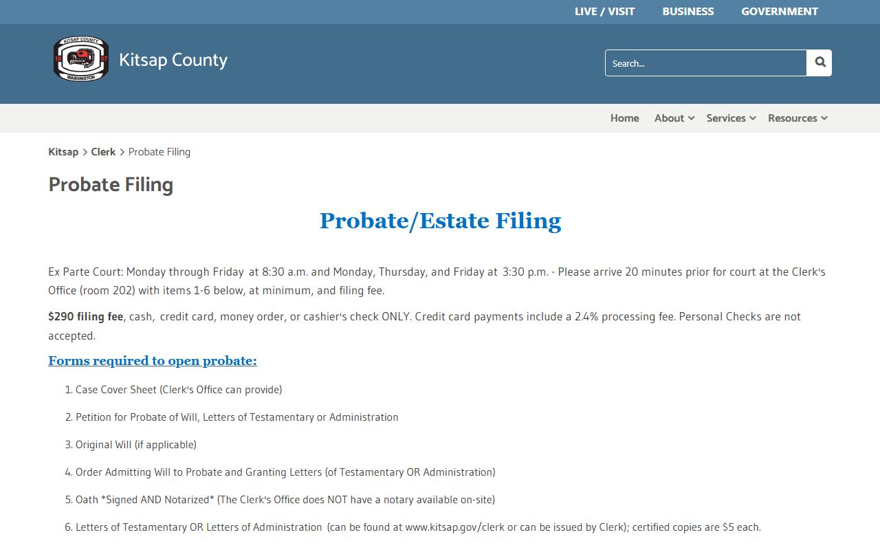 Kitsap County probate estate opening instructions from the Superior Court Clerk