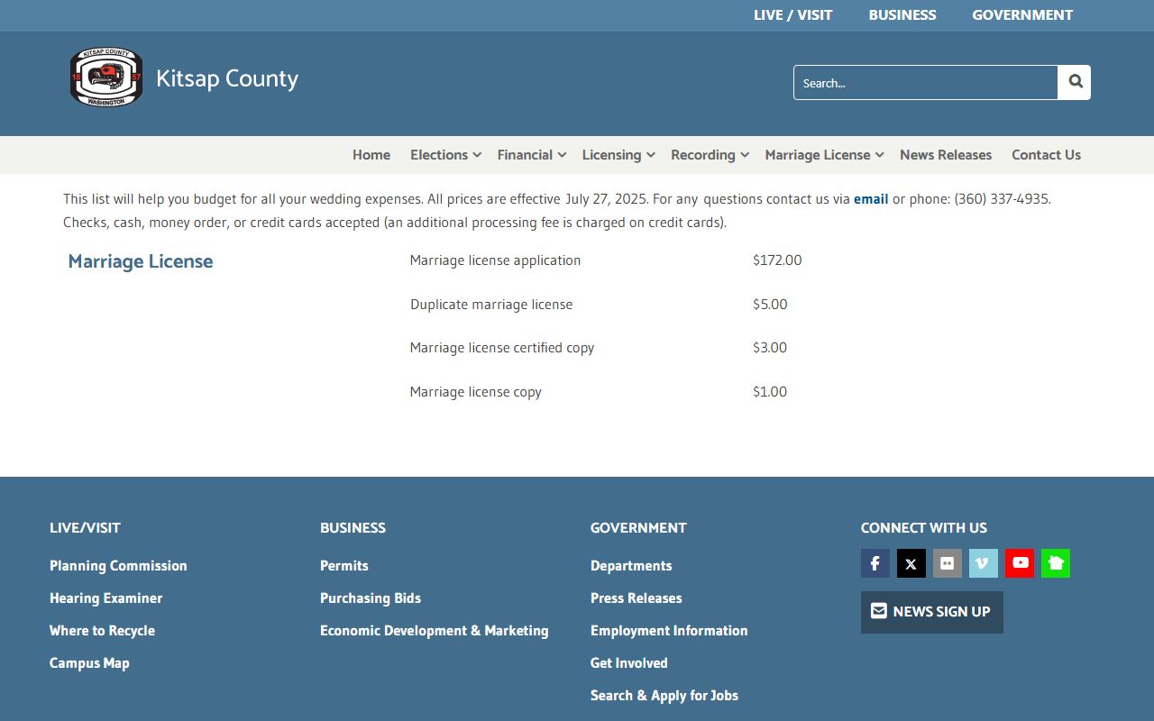 Kitsap County Auditor marriage license and recording fees schedule