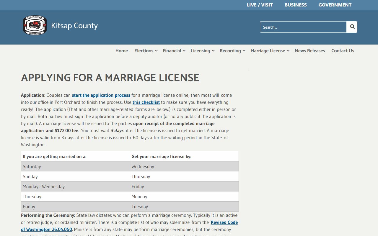 Kitsap County Auditor marriage license application process and requirements