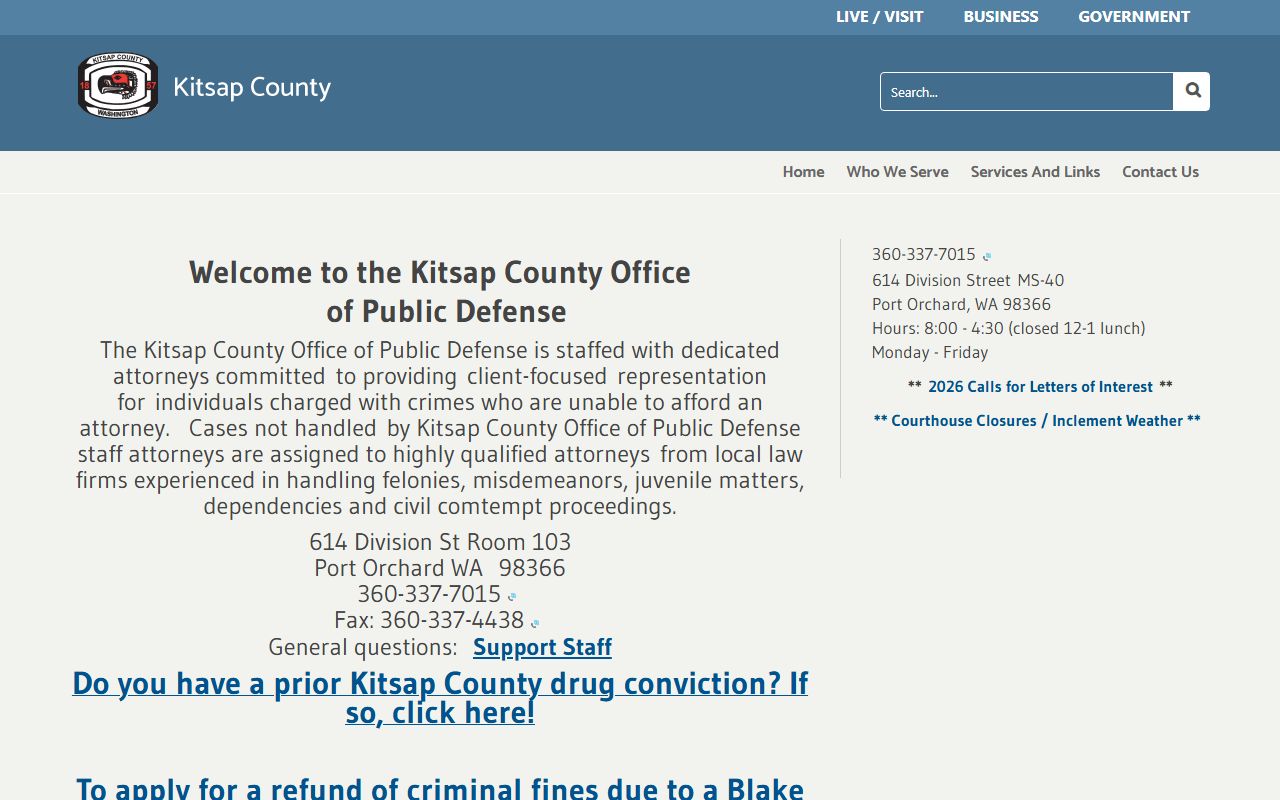 Kitsap County Office of Public Defense homepage for court records and legal help