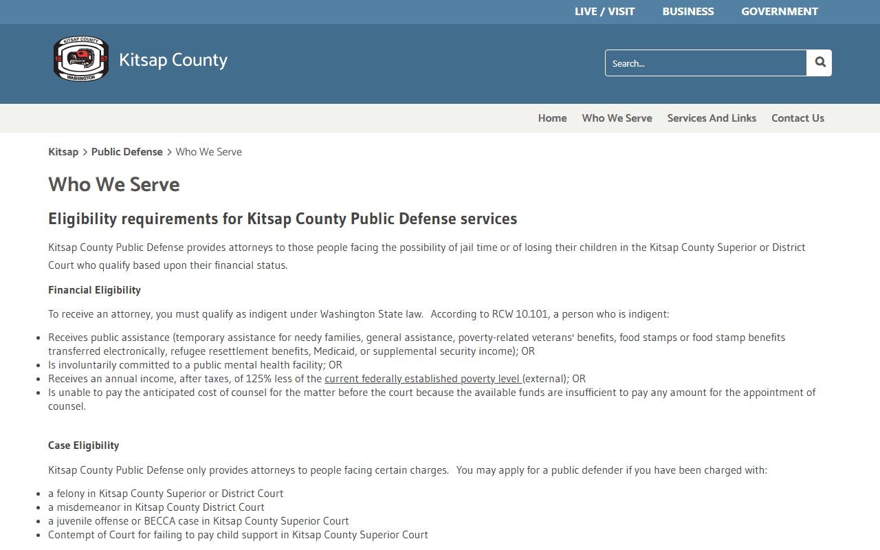 Kitsap County Public Defense eligibility for arrest records and criminal court cases
