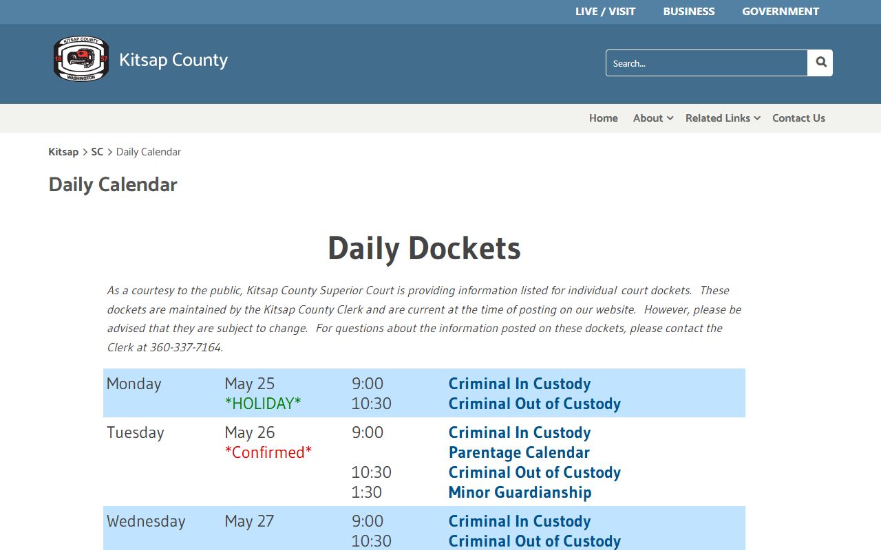 Kitsap County Superior Court daily calendar showing scheduled court docket hearings