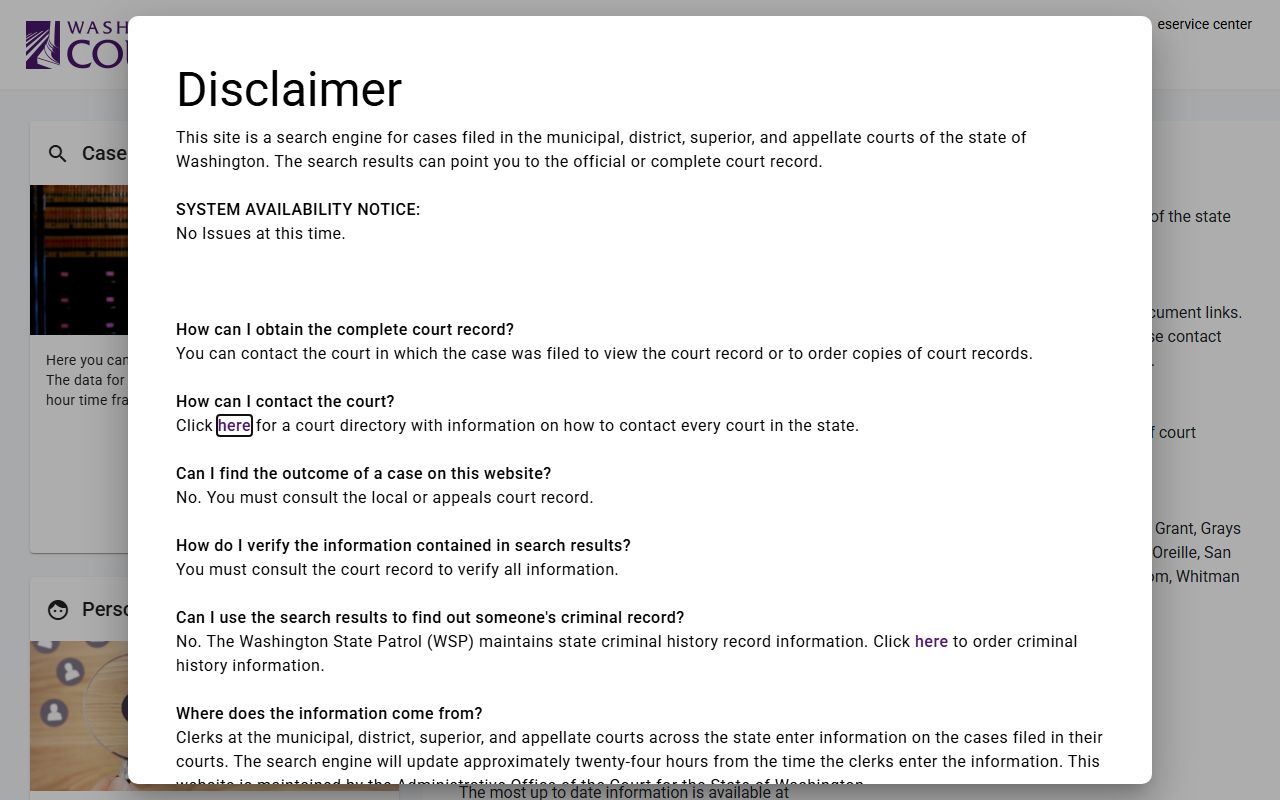 Washington Courts statewide case search portal for Kitsap County court records